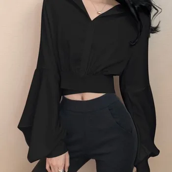 2021 Pomlad Seksi Y2k Bluzo Žensk V Vratu Gumb Long Sleeve Vintage Priložnostne Crop Tops Ženski Prostem Korejski Moda Šifon Majica