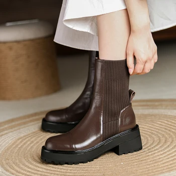 2022 jeseni in pozimi Ženske škornji naravnega usnja 22-25 cm cowhide+ letenje pletene škorenj, usnje celotno platformo modni čevlji
