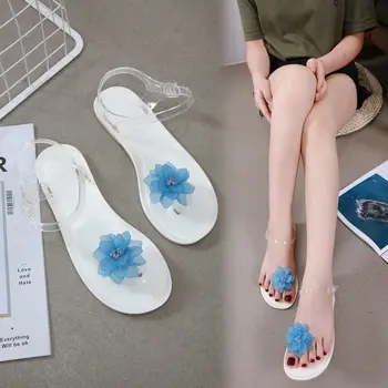 2022 korejske ženske čevlje srčkan osebnost ravnim dnom ravno peto plaži flip-flops kristalno jelly čevlji lotus sandali ženske