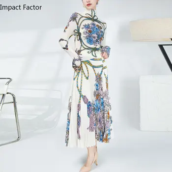 2022 Novo Naguban Design Print Dolgo Split Krilo Nastavite Veliko Swing Slim Slog Retro Moda Podlanke Elegantna ženska Oblačila