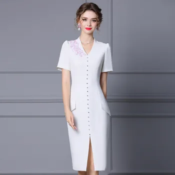 Bele ženske obleke nove poletje 2022 elegantna urad dama kratka sleeved V vratu nalepko split vrečko hip obleko