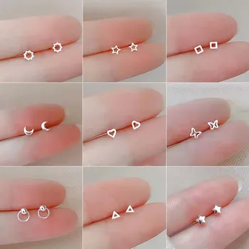 Drobne Minimalističen Silver Plated korejski Mini Mala Srce Zvezde Stud Uhani za Ženske Študent Teen Preprost Ear Piercing Nakit