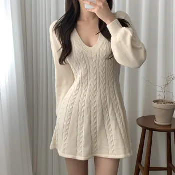 Jeseni, Pozimi korejski Moda Priložnostne Twist V-neck Knitted Obleka Ženske Letnik Long Sleeve Jopica Obleko Mini Haljo Femme
