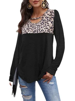 Jeseni T Majice, Vrhovi Ženske 2021 Leopard Mozaik O Vratu Dolg Rokav Moda Tee Shirt Ženski Priložnostne Plus Velikost Majica S Kratkimi Rokavi