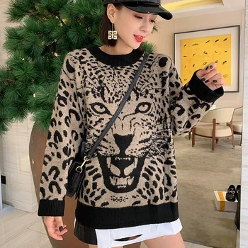 Krog Vratu Leopard Tiskanja Ohlapen Pulover Ženske, Dolgo sleeved Stretch Pletene Dno Pulover Pulover Ženske Pomlad Jesen 2022