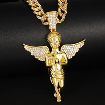 Molitev Krila Angel Ogrlica&Obesek Ledeni Iz Kristalno Čar Zlata barva Veriga Ogrlica Za Moške, Modni Hip Hop Nakit Darilo