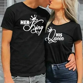 Njen Kralj Svoje Queen Pari T Shirt Krono Tiskanja Nekaj Tshirt Poletje Moda Ženska T-shirt Priložnostne O-Vrat Vrhovi Ljubitelje Tee Majica