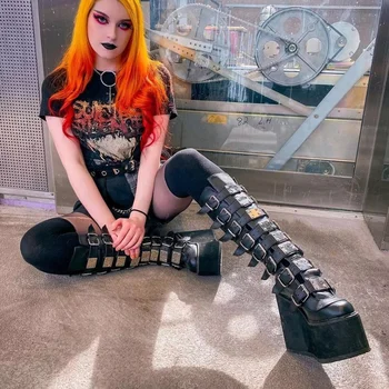 Nov Ženski Platforma Čevlji Modni Gothic Metal Ženske Kolena Visoki Škornji Punk Cosplay Klini Visoke Pete, Čevlji Ženska Botas De Mujer