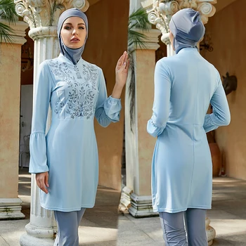 Nove Muslimanske Kopalke Ženske Kopalke Burkini Hidžab 3PCS Mozaik Vezenje Dolg Rokav Šport Islamske Bikini Haljo kopalke