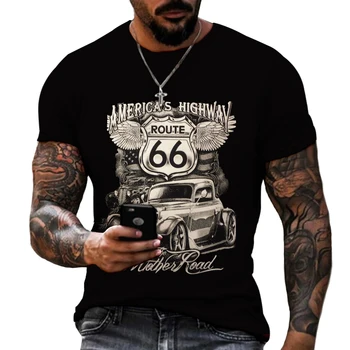 Poletje Novih Moških Srečen Route 66 3D printed Majica s kratkimi rokavi Moški Letnik Visoke Kakovosti Plus Velikost Spandex Poliester XXS-6XL