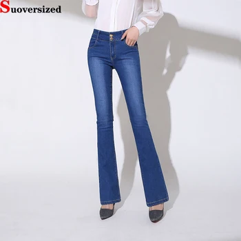 Prevelik 26-34 Letnik Flare Jeans Za Ženske Visoko Pasu Priložnostne Stretch Traper Hlače Korejski Moda Ulične Pantalones