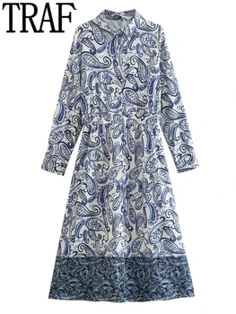 TRAF Blue Print Majica Obleka Ženska Letnik Dolge Obleke Za Ženske 2022 Dolg Rokav Elegantno Midi Obleko Gumb Gor Priložnostne Obleke