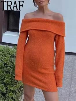 TRAF Oranžno Obleko Pulover Ženska Pletena Mini Obleke za Ženske 2022 Off Ramenski Večerne Obleke Dolg Rokav Dame Pozimi Obleko