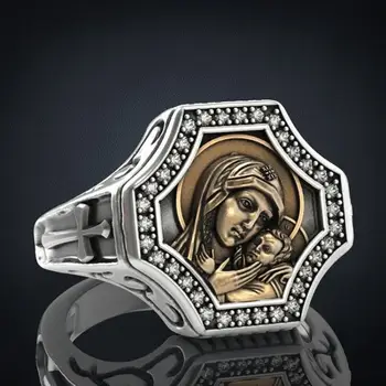 Vintage Katoliške Devica Marija Obroči Utrla Nastavitev Cirkon Križ Verske Amulet Obroč za Ženske, Moške Stranke, Nakit Trgovini