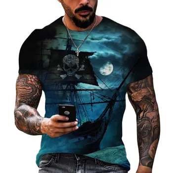 Vintage Moške majice 3D Ladje Tiskanja Kratek Rokav Piratske Ladje T Shirt Za Moške Oblačila Prevelik Tee Rokavi Moški Camiseta Hombre