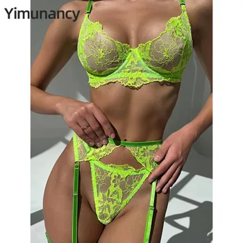 Yimunancy Vezenino Perilo Nastavite Ženske 3-Kos Neon Zelena Fashion Sexy Erotično Nastavite Podvezice Kratek Komplet