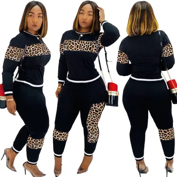 2020 Leopard Prikrivanje Dveh Kosov Set Ženske Športni Obleko z Dolgimi Rokavi Majica in Sweatpants Priložnostne Trenirko Tek Femme