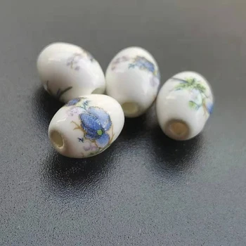 28Pieces Ovalne Keramične Kroglice 10.4 mm*8 mm Modri Cvet z zelenimi listi za nakit, izdelava 3625