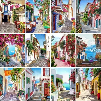 CHENISTORY Barvanje Z Številkami Santorini Ulica Pokrajino, Slike, Barve Na Platno Ročno Poslikane Črpanja Nafte Diy Cvetje Umetnosti Doma