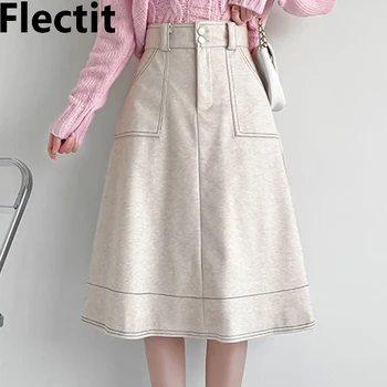 Flectit Vrh Šiv Ženska Krila Visoko Pasu A-Line Midi Krilo S Pocket Office Lady Vintage Obleko *