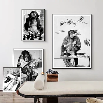 Moderno Črno Bel Smešno Opica Igrajo Šah Branje Časopisa Plakat Dekorativne Poslikave, Platno Stenskih Slikah Sobi Doma Dekor