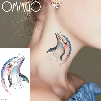 OMMGO Akvarel Dolphin Začasne Tetovaže, Nalepke Za Ženske Body Art Tattoo Otroci Ponaredek Nepremočljiva Tatoos Risanka Vratu Roke