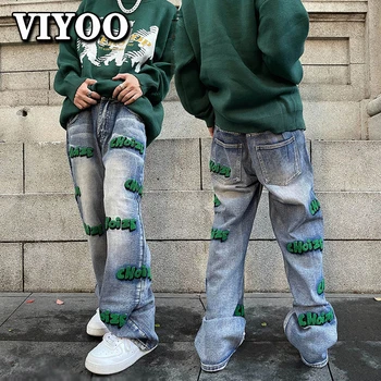 Ulične High Street Moške Vezenje Moda Letnik Y2K Oblačila Kavbojke Straight Vrečasta Hlače Moški Harajuku Hlače Najstniki